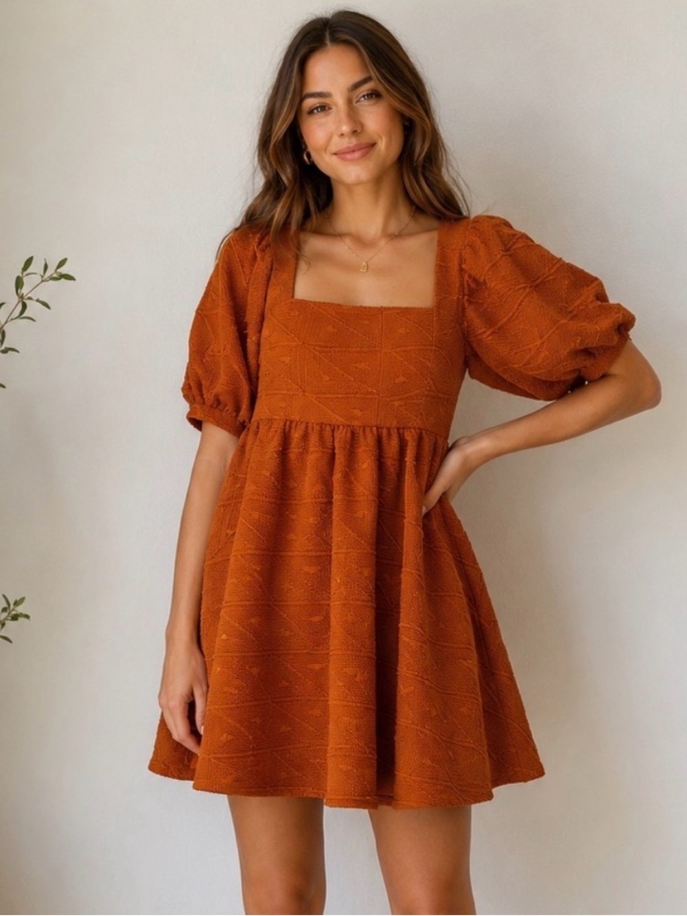 Free People Mini Dress in Rust Orange with Puff Sleeves Women's M
